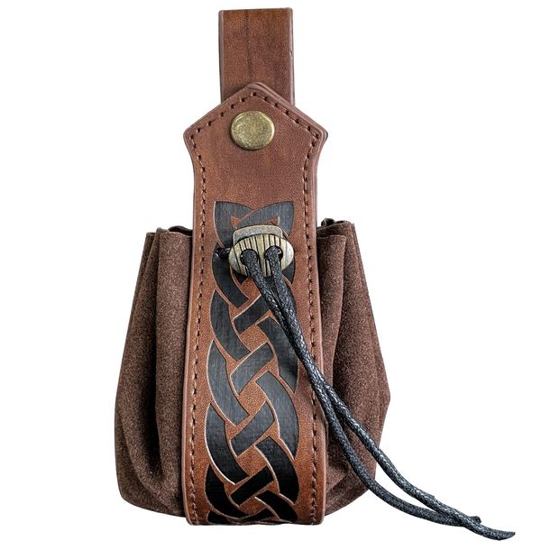 Medieval Faux Leather Pouch,Viking Belt Pouch,Retro Nordic Fanny Pack,Portable Drawstring Purse,Dice Bag for Hiking Archery LARP Renaissance Faire Costume (Brown)