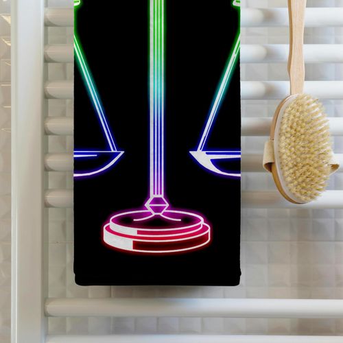 3dRose 22x30 Bath Hand Pool Towel - Scale of Justice Glowing on Black Background Digital Design Symbols