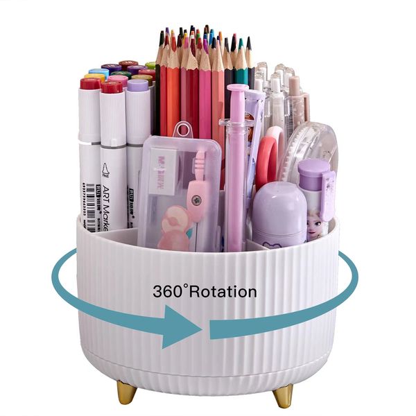 WNING Pen Holder for Desk, Pencil Holder,5 Slots 360° Degree Rotating Desk Organizers and Accessories, Cute Pen Cup Pot for Office, School, Home, Art Supply (white)