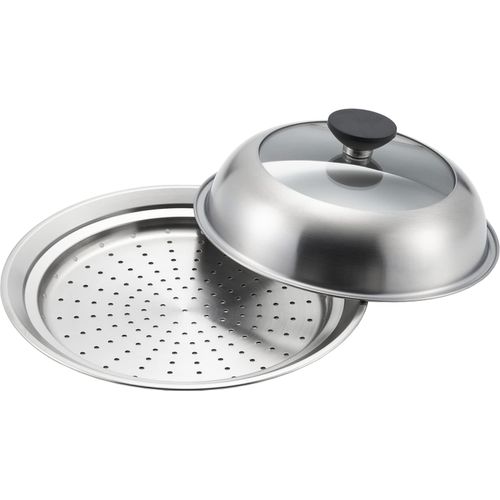 Yoshikawa YJ3211 Steamer Plate for Stacking With Frying Pans, 7.9 - 8.7 inches (20 - 22 cm), Transparent Lid Included, Keep an Eye on Steaming Status