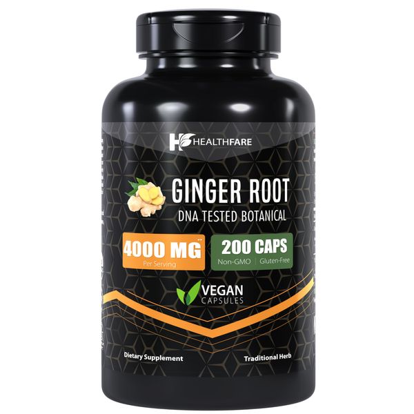 Healthfare Ginger Root Capsules 4000mg | 200 Count | Ultra Strength Supplement | Gluten-Free & Non-GMO