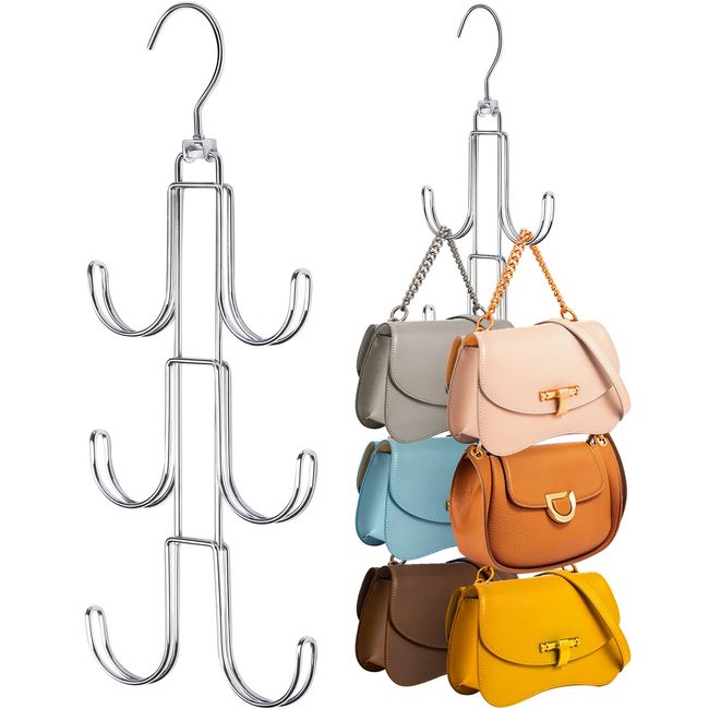 Purses Hanger Organizer for Closet 2-Pack, Myfolrena Metal Purse Holder for Closet Space Saving Bag Storage Hook for Hanging Handbags, Belts,Scarves,Tote,Hats,Clothes,Bags,Ties (Silver)