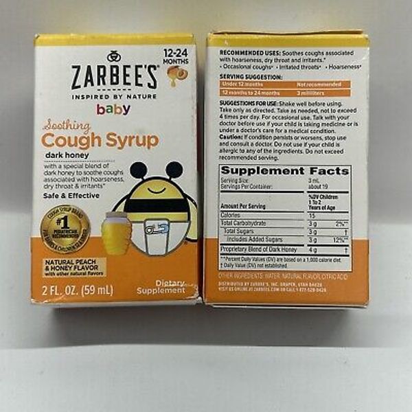 2 Zarbee's Baby Soothing Cough Syrup With Dark Honey; Natural Peach & Honey 8/25