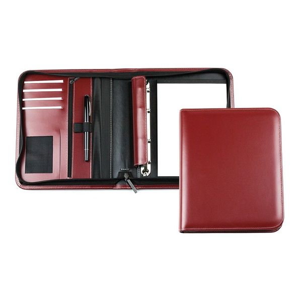 DELMON VARONE - Personalisierbare Ringbuch Schreibmappe DIN A5 aus Cambridge Top Grain Leder rot, Businessmappe mit Notizblock, Stiftschlaufe, Einsteckfächer, 4-Ring Combimechanik & Reißverschluss