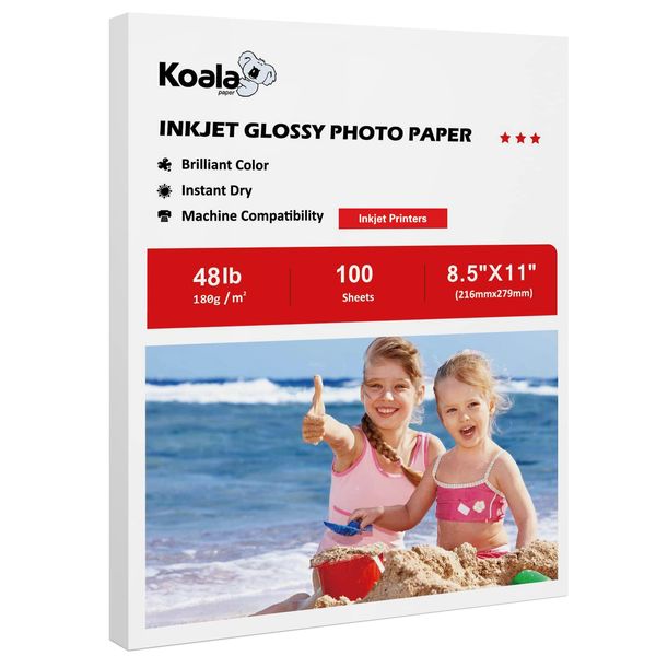 Koala Glossy Inkjet Photo Paper 8.5X11 Inches 48lb 100 Sheets Professional Glossy Photographic Paper Compatible with Inkjet Printer Use DYE INK 180GSM