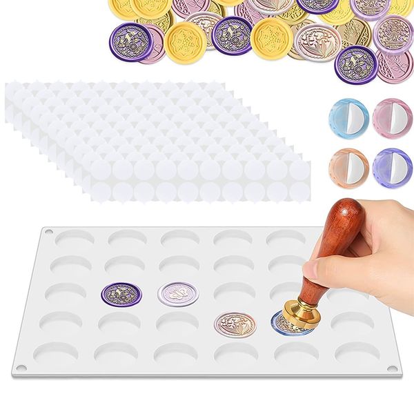 FINGOOO Silicone Pad Sealing Stamps, 30 Pieces, 220 Sheets, Double Sided Seal, Cooling Tool, Wax Plate, DIY, Beginner, Melting, Wax Seal, Round