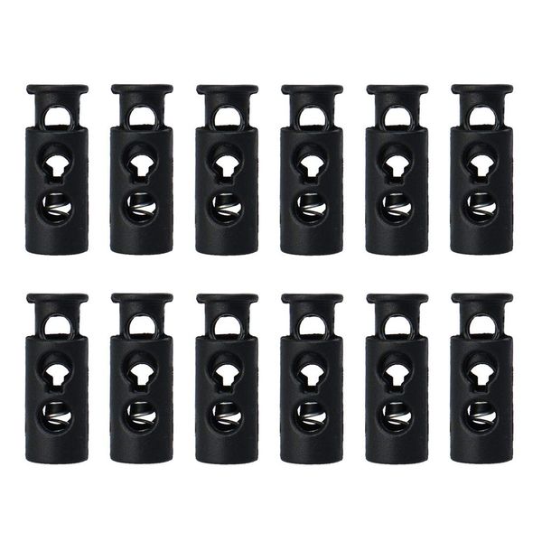 sourcing map 12pcs Spring Cord Locks Plastic End Stopper Double Hole Toggle Fastener Rope End for Drawstrings, Shoelaces, Tie-Downs, Black