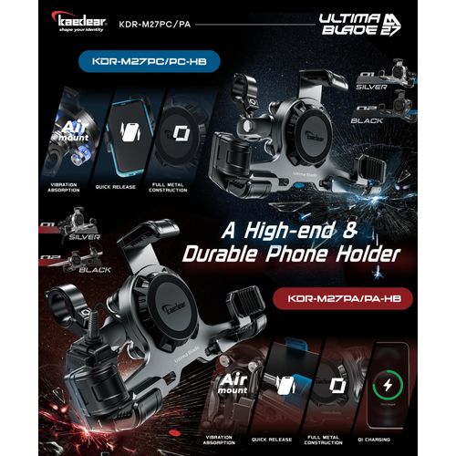 Kaedear Motorcycle Phone Mount, Ql Wireless Charging, Aluminum, Anti-Vibrations, USB Charging, Quick Release Button, Durable, Anti-Theft Mount, Ultima Blade KDR-M27PA-BK (Black)