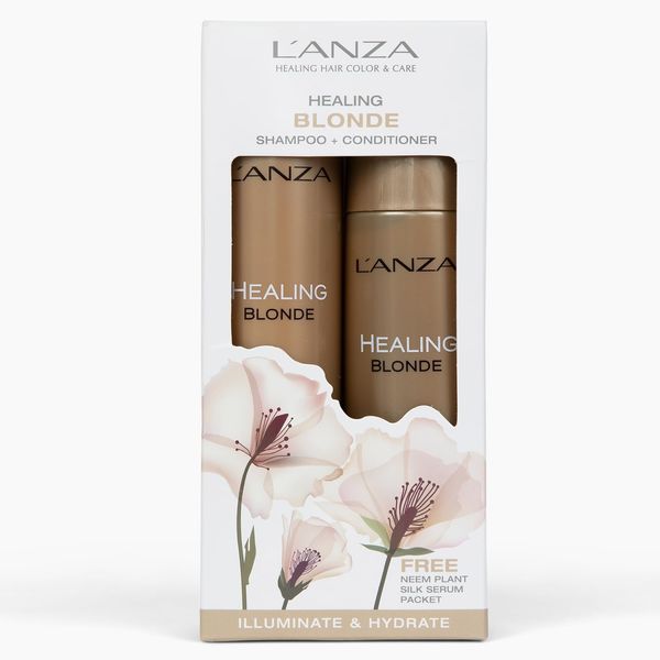 L'ANZA Healing Blonde Hair Care Kit, Bright Blonde Shampoo, Hair Conditioner & Healing Strength Neem Plant Silk Serum, Paraben Free, Sulfate Free, Gift Box, Blonde & Colored Hair (10.1/8.5FlOz+Sample)