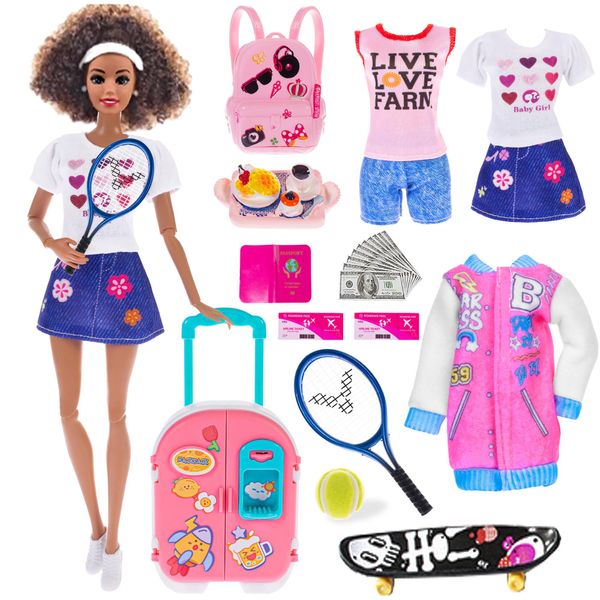 iBayda 25pc Doll Clothes and Accessories Travel Suitcase Luggage Backbag Skateboard Tennis Play Set Toys for 11.5 inch Girl Dolls (No Doll)