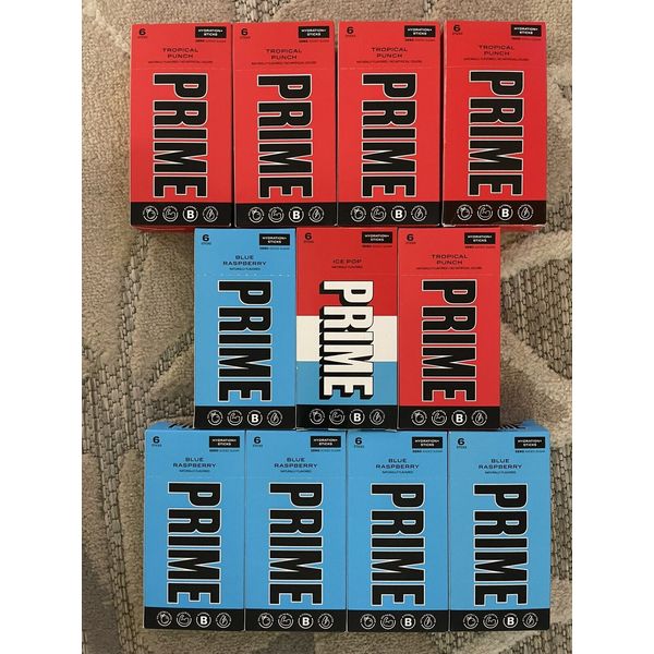 LOT - 11 PRIME HYDRATION BOXES (5 BLUE RASPBERRY & 5 FRUIT PUNCH & 1 ICE POP)