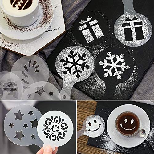 Magnoloran 44 Cookie Stencils+2 Mesh Powder Shakers+1 Coffee Latte Art Pen, Cake Stencils Coffee Decoration Stencils Coffee Art Templates Coffee Mold Tool for Christmas Thanksgiving Cake Coffee