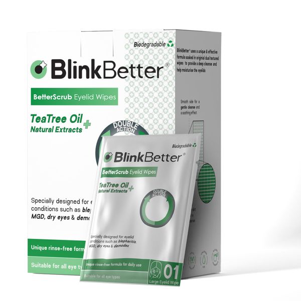 BlinkBetter Tea Tree Oil Eyelid Wipes - 20 x Natural Blepharitis, MGD & Dry Eye Relief Wipes | Cleansing, Soothing, Dual-Textured, Triple Moisture Formula | Biodegradable & Gentle (Pack of 1, 20)