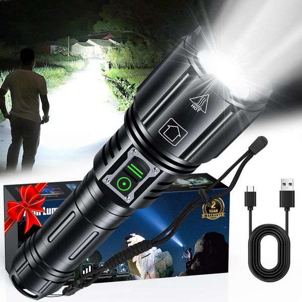 LED Super Bright Flashlight 1200000 High Lumens, High Powered Rechargeable Flashlights, 6 Modes Zoomable, Waterproof Flash Lights, Tactical Handheld Flashlight for Emergency, Camping, Outdoor, Home