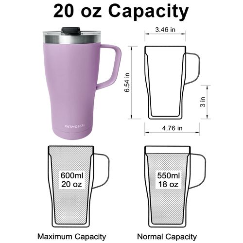 PATMOSEAL 600ml Insulated Travel Mug with Handle Straws & 2 Spillproof Lids, Vacuum Double Wall Stainless Steel Tumbler Cup 20oz for Hot & Cold (Lilac Purple)
