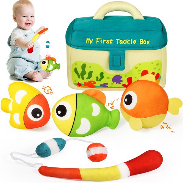 KMUYSL Baby Toys 6-24 Months, My First Tackle Box Plush Toys -4 Pcs Sensory Playset Soft Toys with Squeaker Crinkle for 6-24 Months Newborn Infant, Birthday for Boys Girls