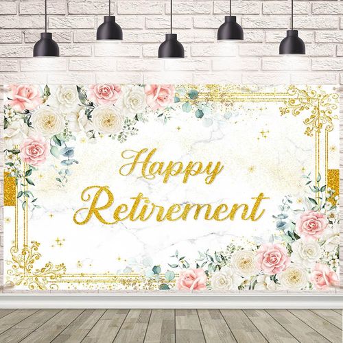 AIBIIN Happy Retirement Backdrop Decor Gold Glitter Background Colleague Farewell Anniversary Retirement Graduation Banner Going Away Office, Friends Goodbye Party Banner 5.9x3.6ft