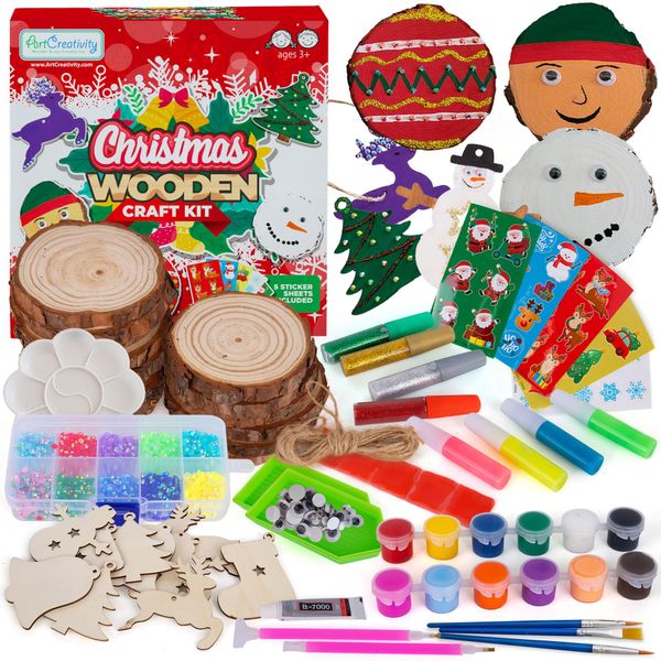 Christmas Wooden Ornament Craft - Includes 28 Ornaments - Wooden Painting Craft Kit for Kids & Adults with Wood Slices, Xmas Shapes, Glow in The Dark Paint, Gems, Glitter Glue, and Google Eyes