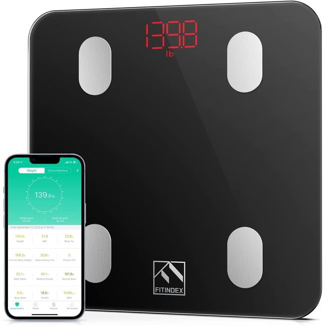 FITINDEX Smart Scale for Body Weight, Digital Bathroom Scale for Body Fat BMI Muscle, Weighting Machine with Bluetooth Body Composition Health Monitor Analyzer Sync Apps for People - Black