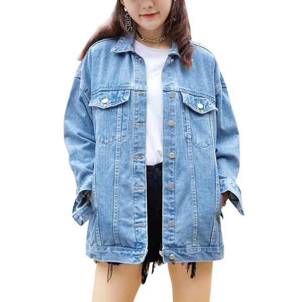 Omoone Women's Oversized Mid Long Denim Jacket Jean Biker Coat(0199-Denim Blue-M)