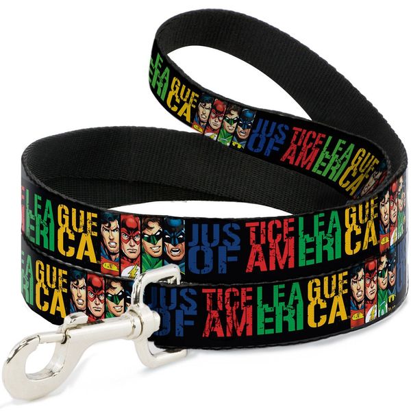 Dog Leash Justice League of America Superhero Blocks Black Multi Color 6 Feet Long 1.0 Inch Wide