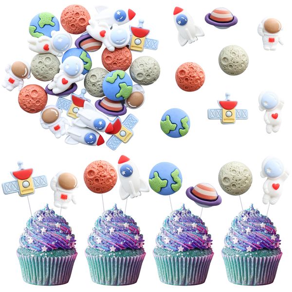 Ephlyn 24Pcs Outer Space Cupcake Toppers Planet Rocket Spaceship Trip to the Moon Star Cupcake Picks Solar System Galaxy Universe Planets Birthday Cupcake Decorations Party Supplies