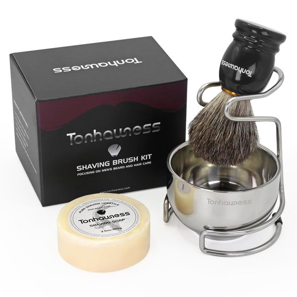 Tonhawness Shaving Brush Kit for Men, 4 in 1 Shaving Brushes Set Includes Badger Hair Shave Brush, Shaving Bowl & Stand and Shaving Soap Kit for Men’s Shave Gift