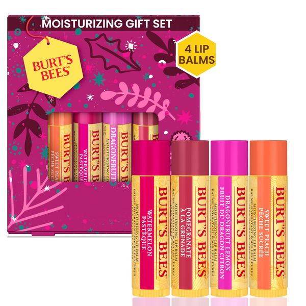 Burt’s Bees Set Regalo Balsamo Labbra, Confezione Regalo Burrocacao, Aroma Pesca, Anguria, Melograno, Dragonfruit Lemon, 4 x 4.25 g