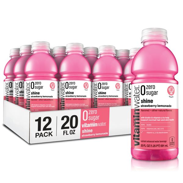 vitaminwater zero sugar shine, electrolyte enhanced water w/ vitamins, strawberry lemonade drinks, 20 fl oz, 12 Pack