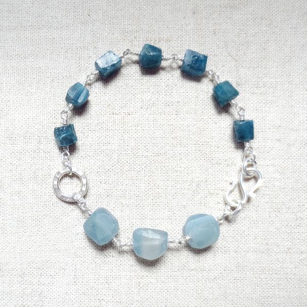 Dark Blue Apatite Blue Calcite Rough Cut Raw Stone Silver Bracelet