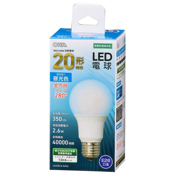 Ohm Electric LDA3D-G AG52 06-4453 OHM LED Light Bulb E26 20 Equivalent, Daylight