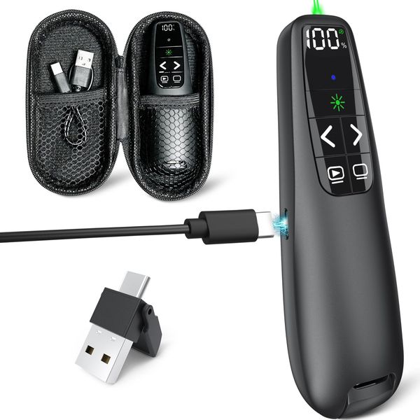 Rechargeable Presentation Clicker with Case, Power Digital Display Wireless Presenter Remote, USB C Green Light Pointer Computer PowerPoint PPT Clickers for Mac Laptop, Slideshow Google Slide Advancer