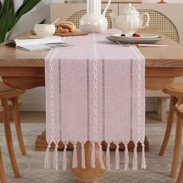 meioro Rustic Table Runner with Tassels, 33x123cm Farmhouse Boho Table Runners Braided Striped, Linen Polyester Table Decoration for Dining Party Holiday and Wedding (Pink)