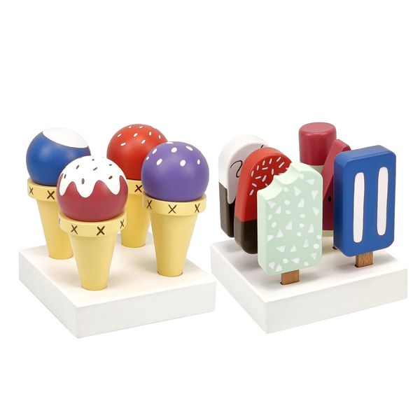 12 Pieces Ice Cream Toy Set with Wooden Popsicle Ice Cream Bar Pretend Play Food Accessories for Kids Encourage Role Play and Develops Social Skills for Children 3+