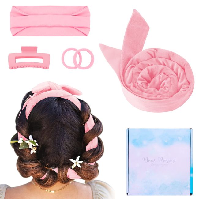 Domkan Locken ohne Hitze für Lange Haare, Heatless Curls Band Lockenwickler über Nacht, Haare Locken ohne Hitze Kurze Haare, Samt Heatless Hair Curler Rosa