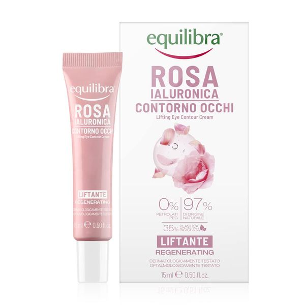 Equilibra Viso, Rosa Ialuronica Contorno Occhi Liftante, Siero Contorno Occhi a Base di Estratto di Rosa Damascena, Acido Ialuronico, Attivo da Semi di Sesamo e Microalghe, Effetto Lifting, 15 ml