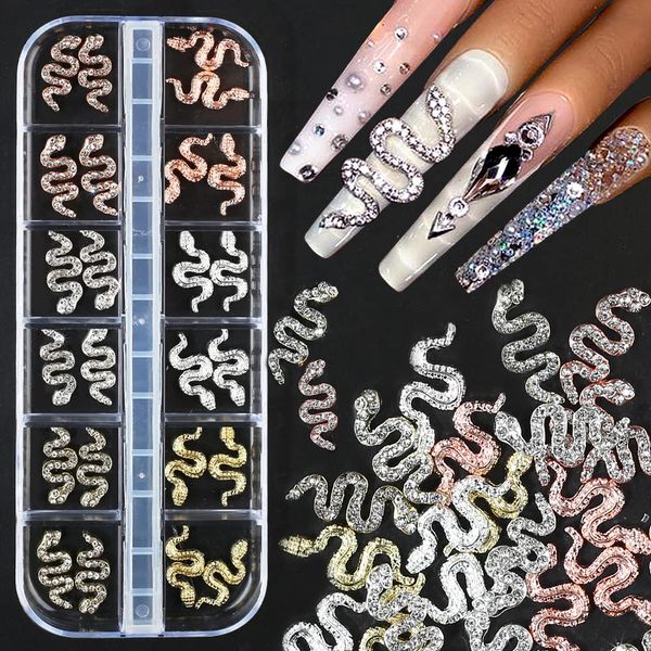 24 pcs/Box 3D Snake Nail Charms with Rhinestones, Gold Silver Snake Nail Gems Alloy Nail Art Charms Shiny Diamonds Metal Snakes Nail Art Decorations Accessories DIY Nails Jewelry Making Kit