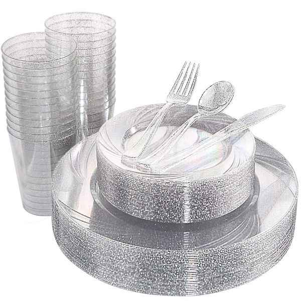 WDF 150pcs Silver Plastic Plates with Disposable Plastic Silverware&Silver Cups- Silver Glitter Design include 25 Dinner Plates,25 Salad Plates,25 Forks, 25 Knives, 25 Spoons& 10oz Plastic Cups