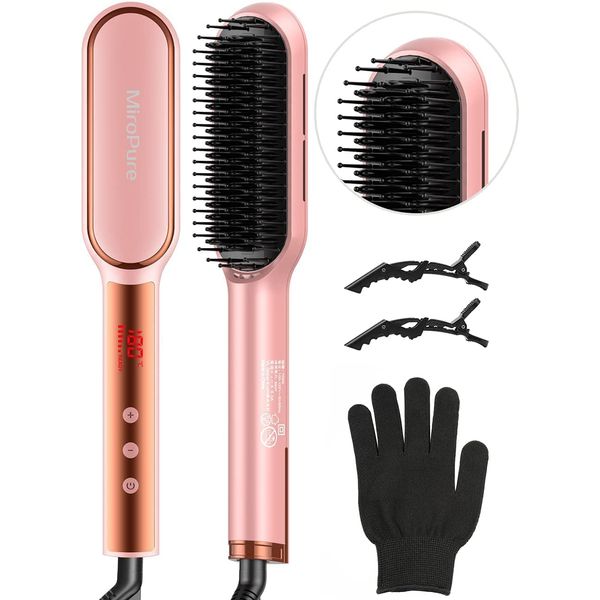 MiroPure Straightening Brush, Hair Iron, 14 Levels of Temperature Adjustment, 30 Seconds, Rapid Heating for 30 Seconds, LCD Dayspray, Far Infrared, Negative Ions, Both Straight & Curl, Scalp Care, Improves Hair Quality, Anti-Static, Temperature Adjustment