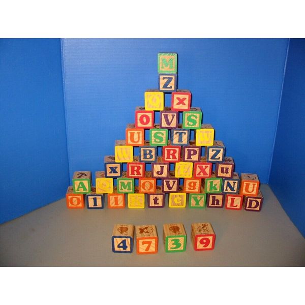 45 Wood Alphabet Blocks Letters Pictures Numbers 1 3/4 inch See pics