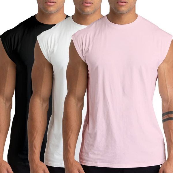 Holure 3er Pack Herren Unterhemden Muskelshirt Workout Tank Tops Unterhemd mit Rundhals-Ausschnitt Schwarz/Weiß/Rosa XXL