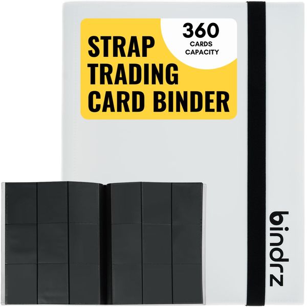 bindrz 9 Pocket Strap Binder Album for 360 Trading Cards - Side Loading Pockets Folder - Archival Safe Material for CCG TCG MTG and Sports Cards (White)