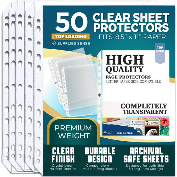 Sheet Protectors for 3 Ring Binder - 50 Premium Clear Plastic Page Protectors for 3 Ring Binder - Sleeves 8.5 x 11 for Paper & Documents