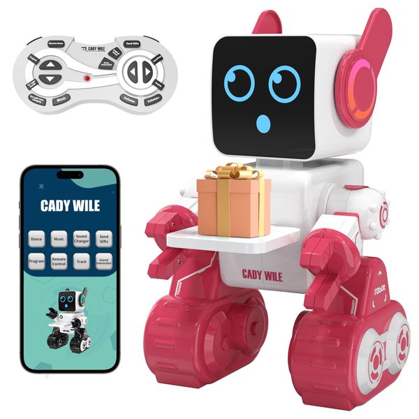 HBUDS Robots for Kids, Remote Control Robot Toy Intelligent Interactive Robot LED Light Speaks Dance Moves Built-in Coin Bank Programmable Rechargeable RC Robot Kit (Pink)