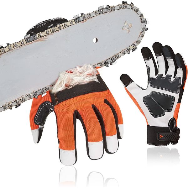 Vgo... Chainsaw Gloves 12-Layer Protection on Left Hand, Safety Forestry Work Gloves with Touchscreen in Goat Leather(L,Orange,1Pair)