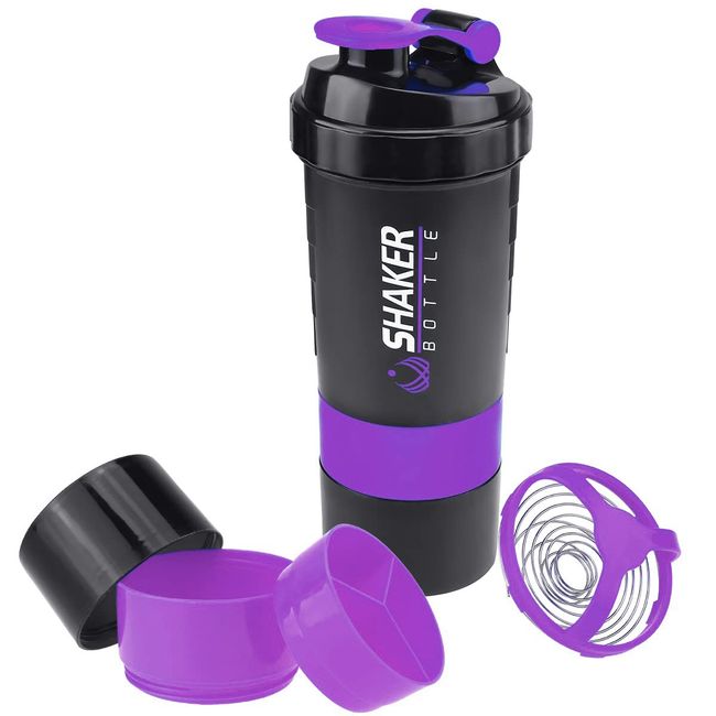 VIGIND Protein Shaker Bottle,Leak Proof Water Bottle For Protein Mixer- Non Slip 3 Layer,16 oz Shake Cup with Storage (Purple)