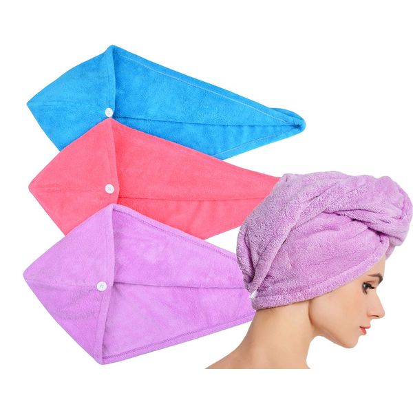 HOPESHINE Hair Towel Twist Women's Soft Shower Towels for Hair Turban Wrap Drying Head Towels Great Gift for Women (Blue+Purple+Rose Red 3-Pack)