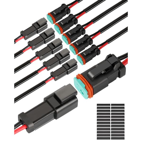 NAOEVO 2 Pin DT Connectors Waterproof, 2 Wire Connector 16 AWG Automotive Electrical Connector, 2 Pin Connectors Male and Female Wire with Heat Shrink Tubing for Car Truck Boat, 6 Kits