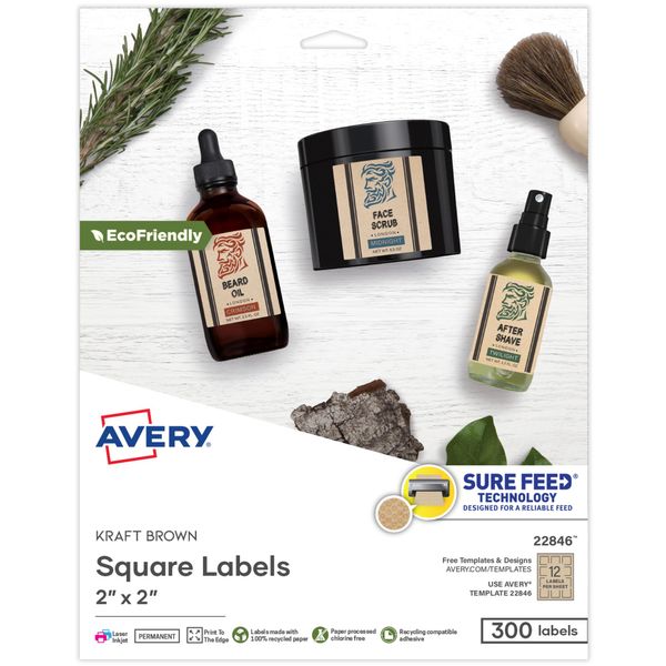 Avery Kraft Brown Square Labels with Sure Feed Technology, 2" x 2", Print to The Edge, Laser/Inkjet Printable Labels, 300 Total (22846)