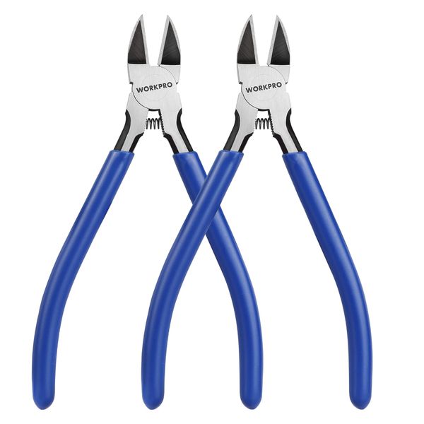 WORKPRO 2 Pack Wire Cutters, 6 Inch Precision Flush Cutters, Spring Loaded Side Cutting Pliers, Sharp Diagonal Cutters for Crafts, Jewelry Making, Electronics